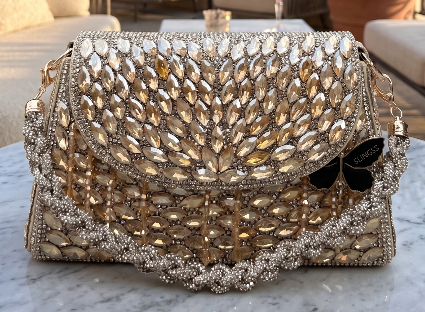 Slingss Luxury Range Exclusive Diamond Embroidered Partywear Handbag For Ladies With Handle & Long Chain