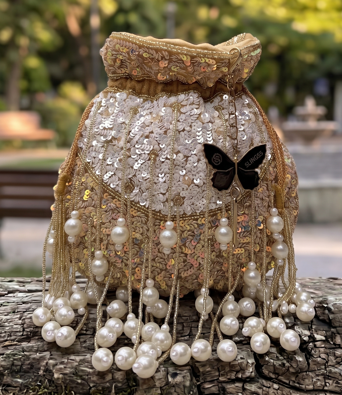 Slingss Exclusive Luxury Range White Pearl Embroidered Partywear Potli For Ladies With Handle