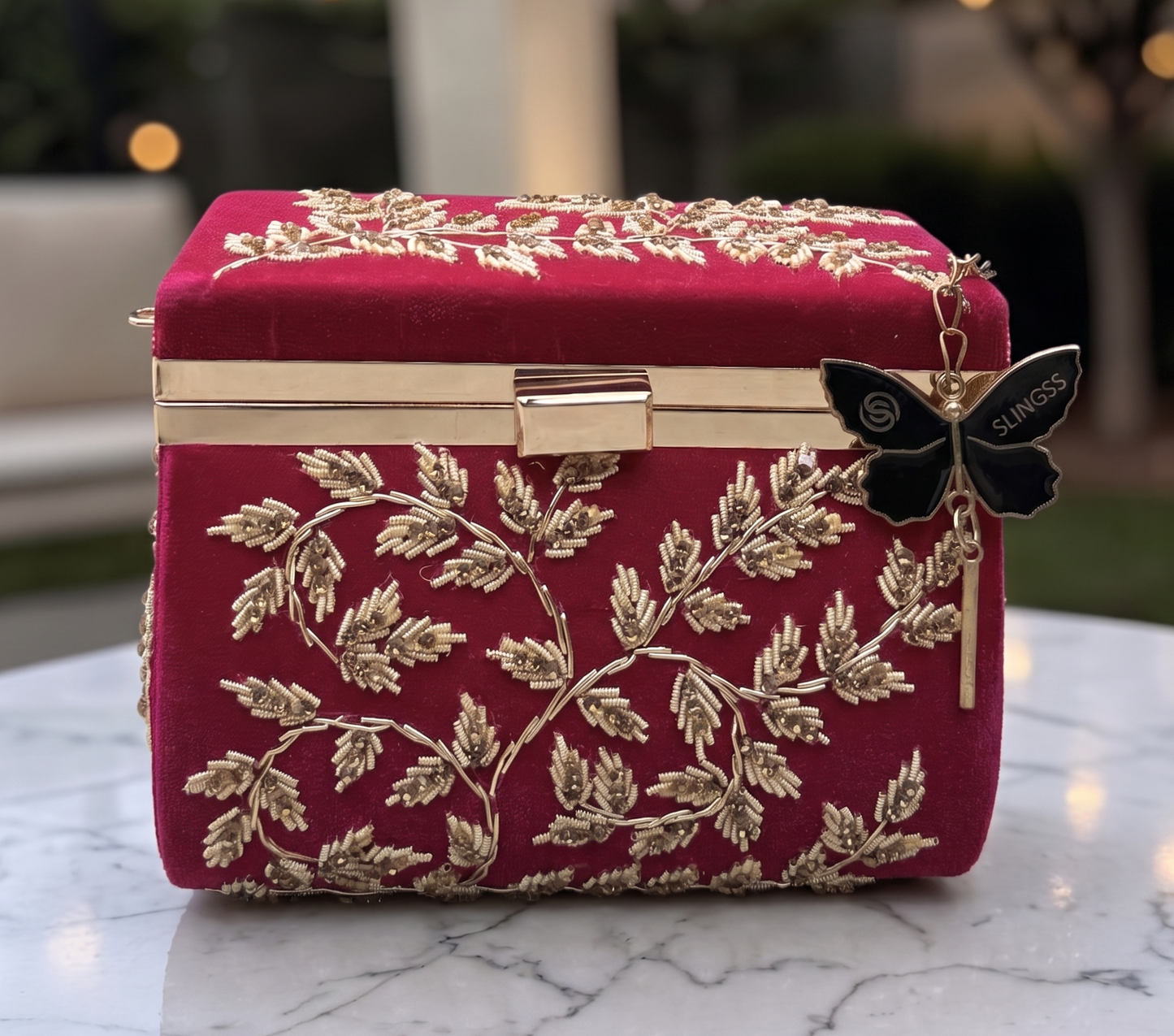 Slingss Luxury Range Boxy Embroidered Partywear Handbag For Ladies With Chain Handle And Belt
