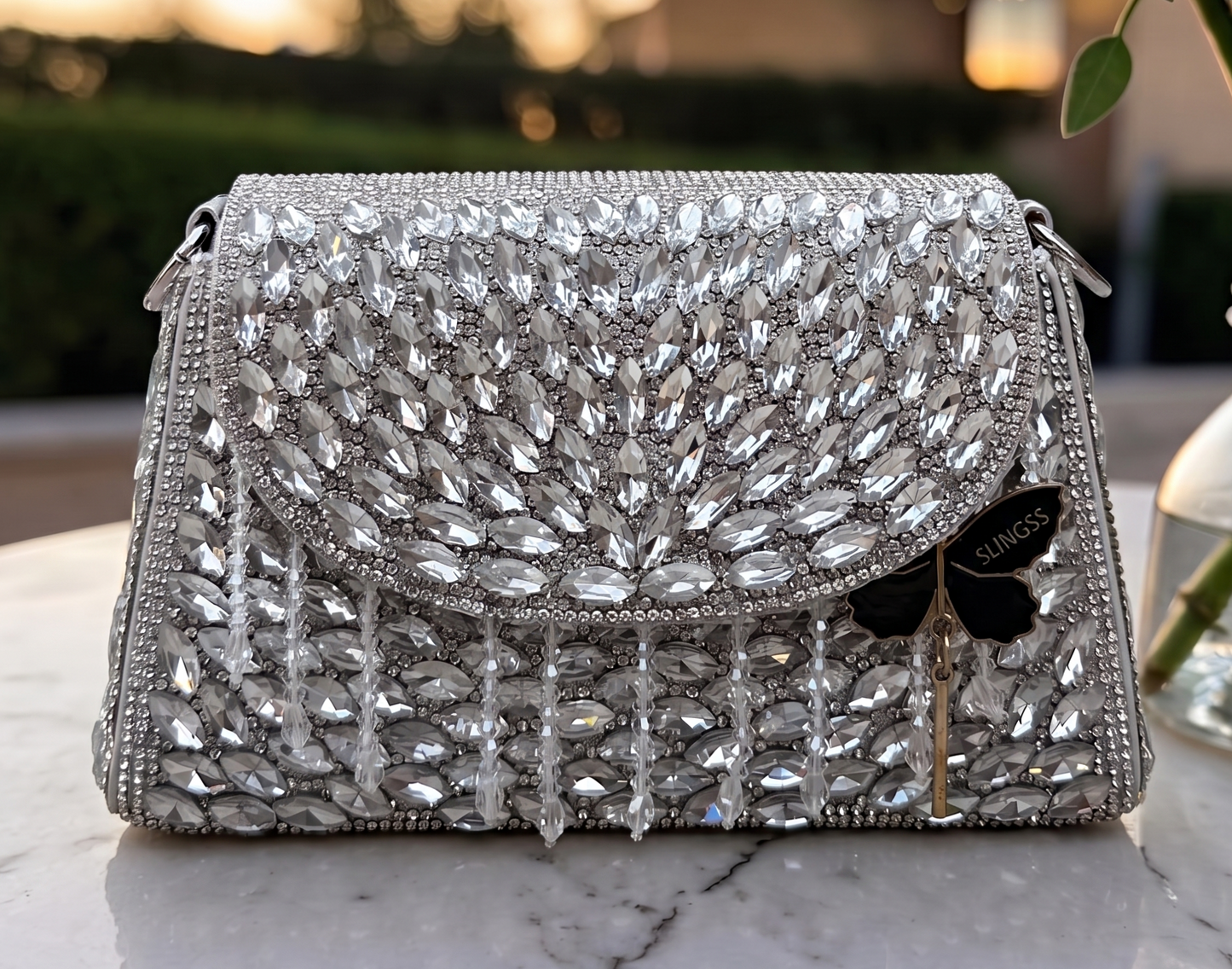 Slingss Luxury Range Exclusive Diamond Embroidered Partywear Handbag For Ladies With Handle & Long Chain