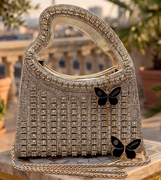 Slingss Luxury Range Heart Shape Handle Partywear Handbag For Ladies With Long Chain