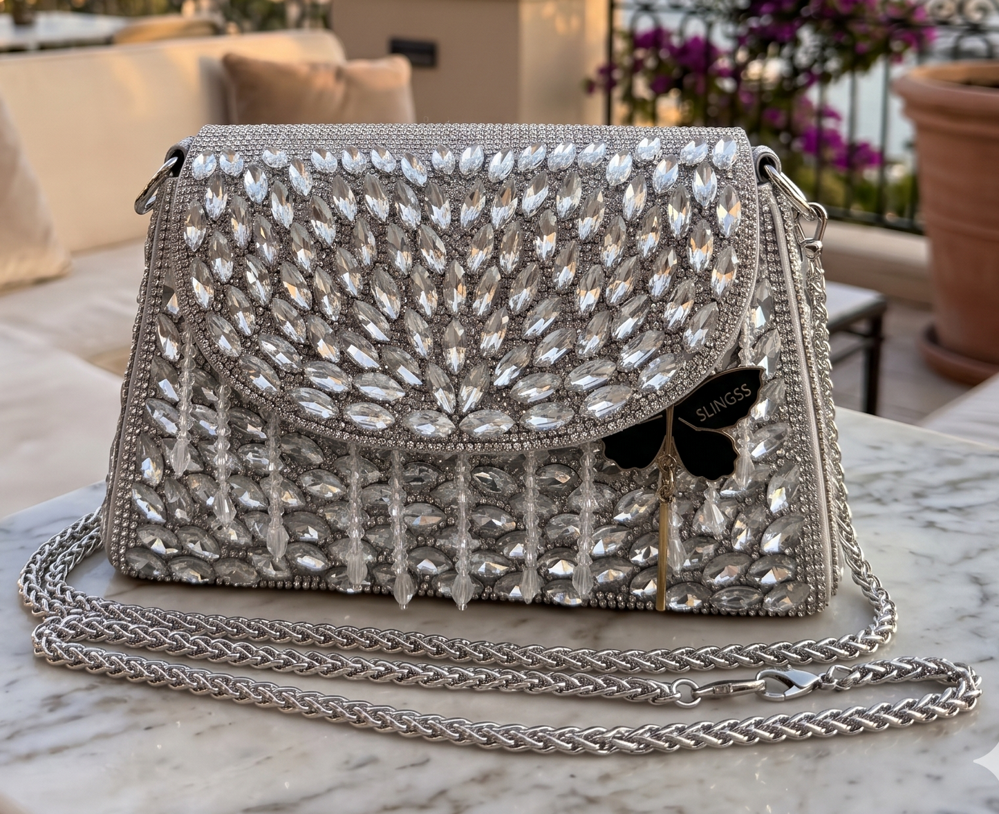 Slingss Luxury Range Exclusive Diamond Embroidered Partywear Handbag For Ladies With Handle & Long Chain
