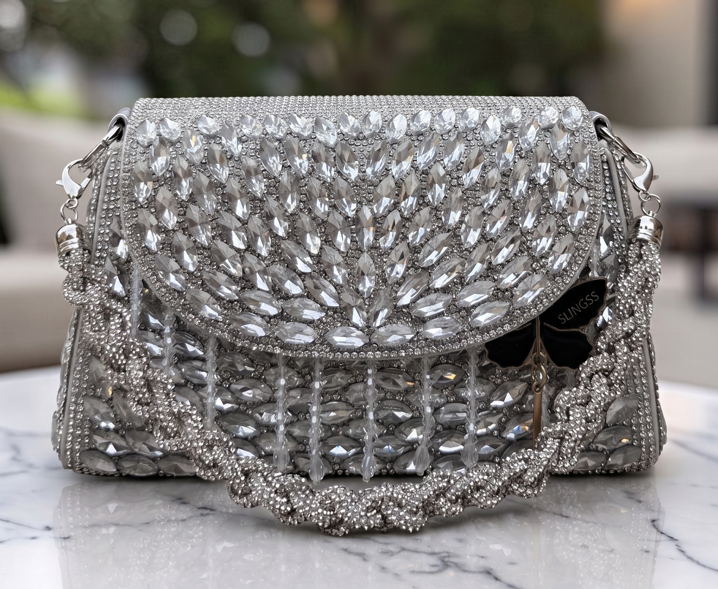 Slingss Luxury Range Exclusive Diamond Embroidered Partywear Handbag For Ladies With Handle & Long Chain