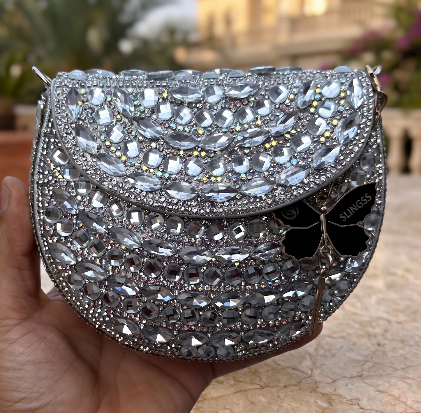 Slingss Luxury Range Small Size Diamond Embroidered Partywear Handbag For Ladies With Handle & Long Chain