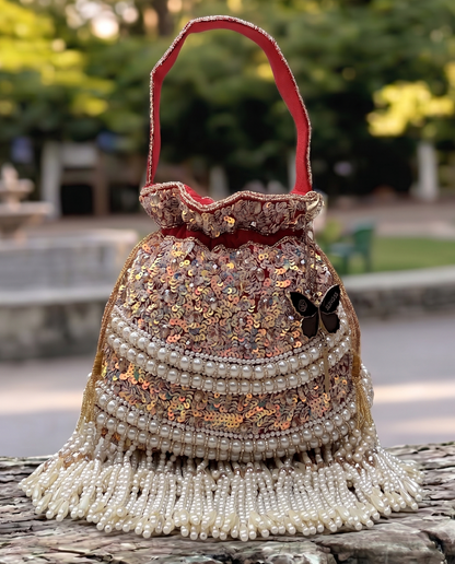 Slingss Exclusive Luxury Range Pearl Embroidered Partywear Potli For Ladies With Handle