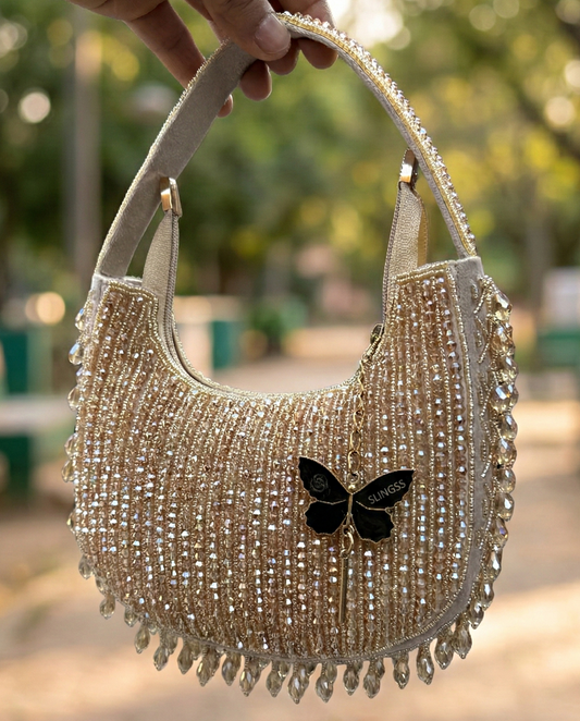 Slingss Luxury Range Half Moon Crystal Jhallar Embroidered Partywear Purse For Ladies With Handle