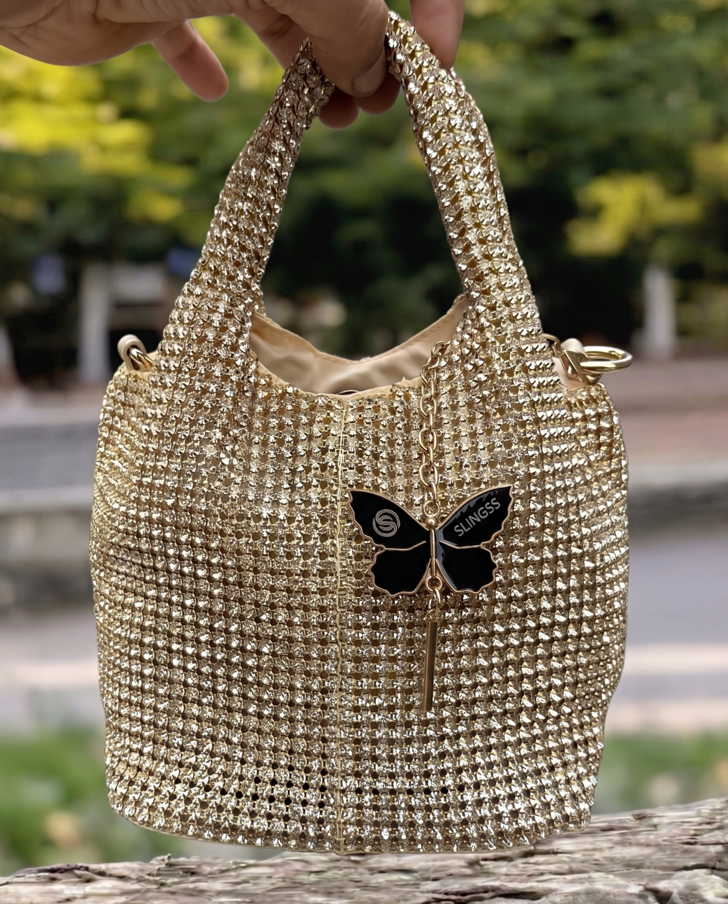 Slingss Luxury Range Exclusive Diamond Studded Partywear Basket Shaped handbag For Ladies With Long Chain