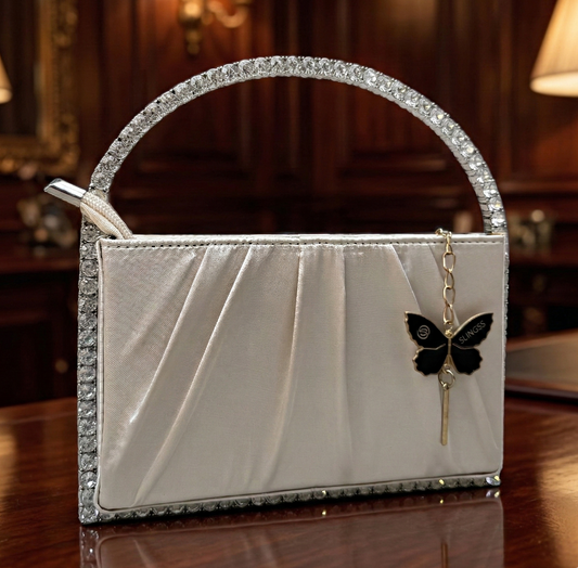 Slingss Exclusive Premium Boxy Shape Partywear Metal Handle Diamond Embroidered Handbag For Ladies
