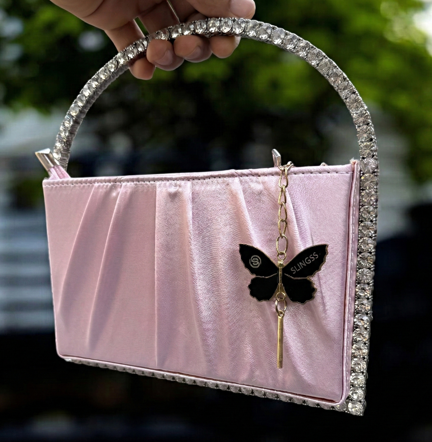 Slingss Exclusive Premium Boxy Shape Partywear Metal Handle Diamond Embroidered Handbag For Ladies