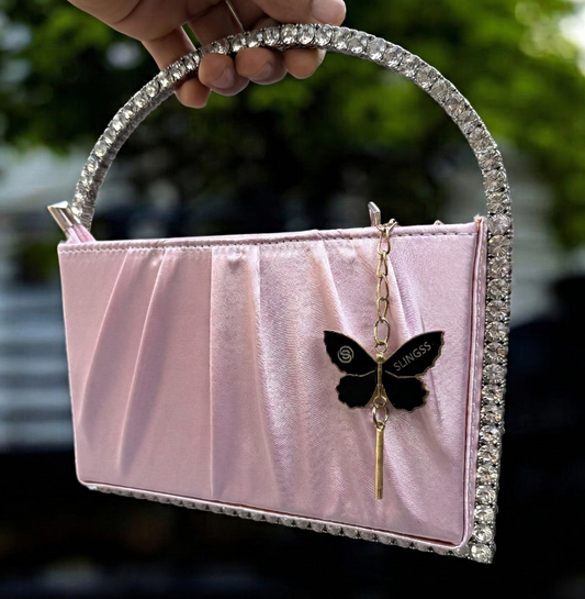 Slingss Exclusive Premium Boxy Shape Partywear Metal Handle Diamond Embroidered Handbag For Ladies