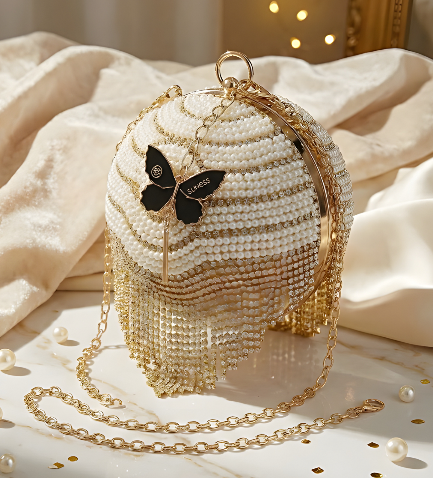Slingss Exclusive Premium Ball Shaped Partywear Embroidered Clutch For Ladies With Handle & Long Chain