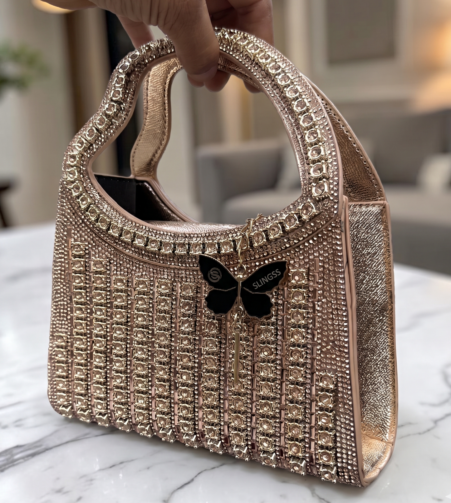 Slingss Luxury Range Heart Shape Handle Partywear Handbag For Ladies With Long Chain