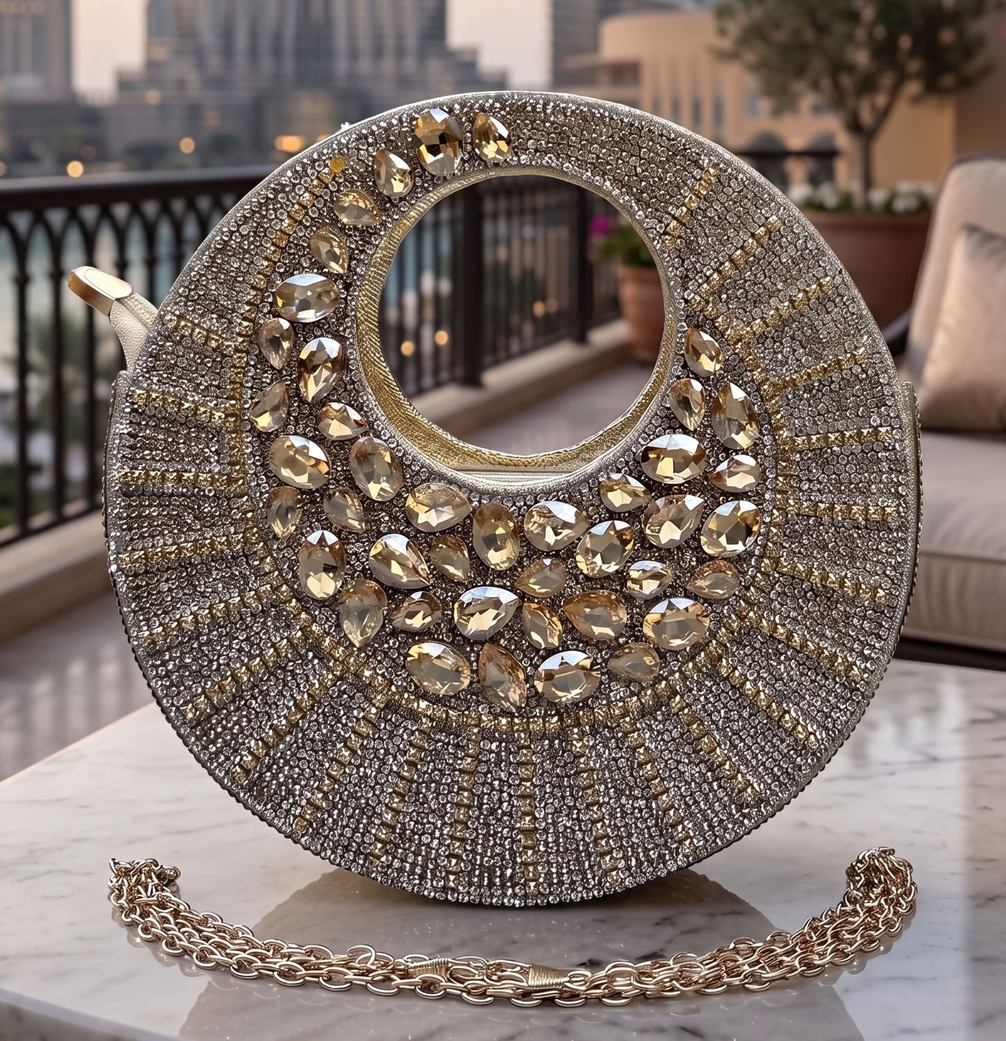 Slingss Luxury Range Full Moon Diamond Embroidered Partywear Handbag For Ladies With Handle & Long Chain