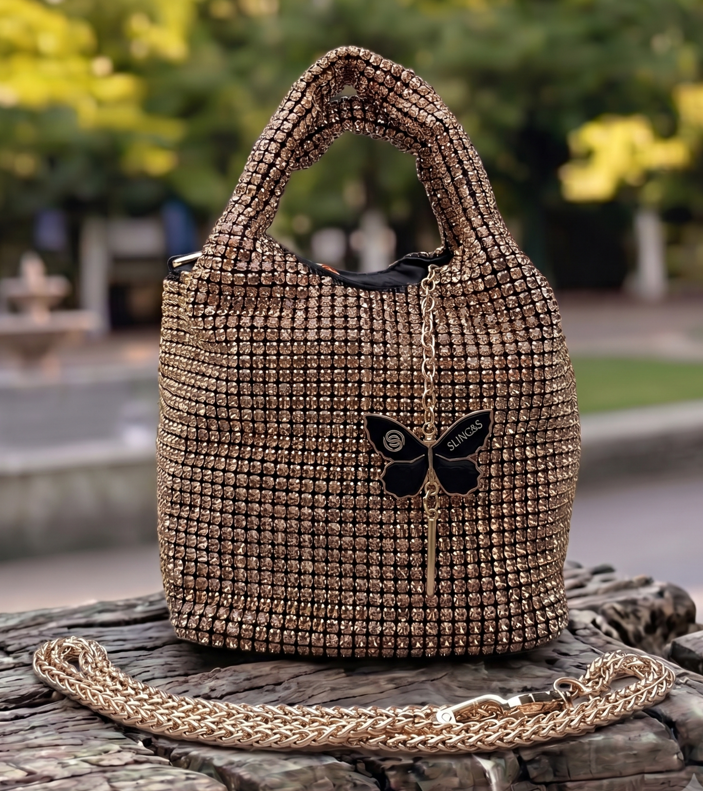 Slingss Luxury Range Exclusive Diamond Studded Partywear Basket Shaped handbag For Ladies With Long Chain