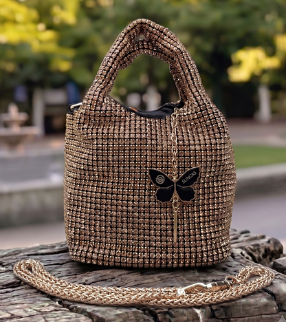 Slingss Luxury Range Exclusive Diamond Studded Partywear Basket Shaped handbag For Ladies With Long Chain