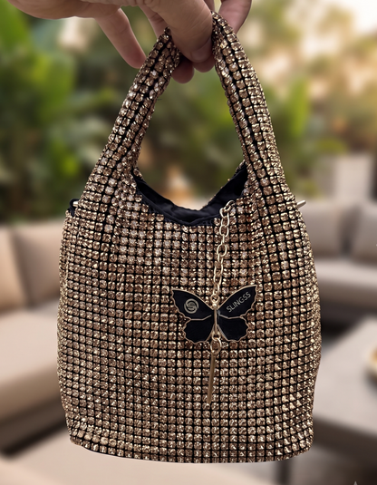 Slingss Luxury Range Exclusive Diamond Studded Partywear Basket Shaped handbag For Ladies With Long Chain