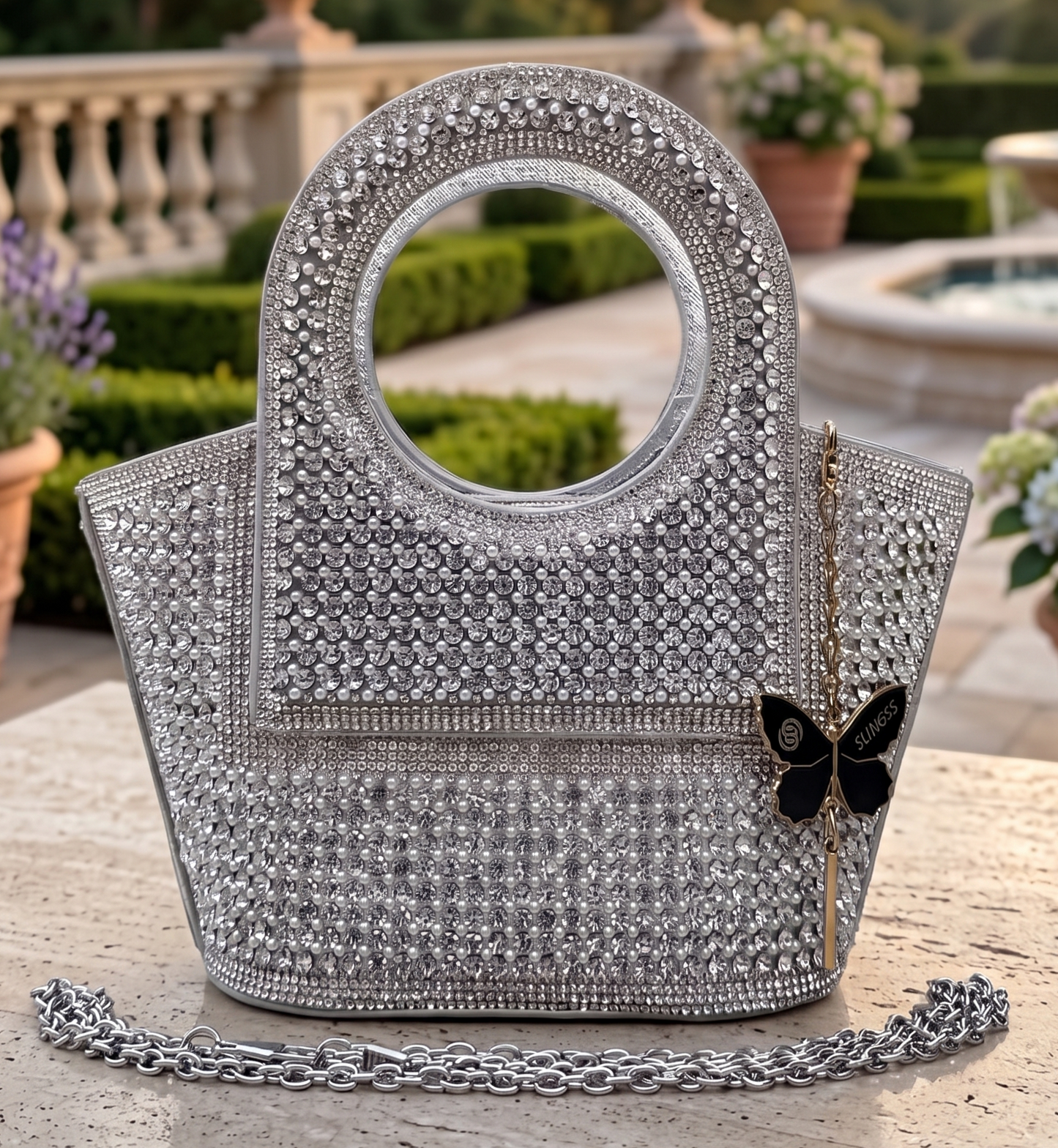 Slingss Luxury Range Exclusive Diamond Studded Partywear Basket Shaped handbag For Ladies With Long Chain