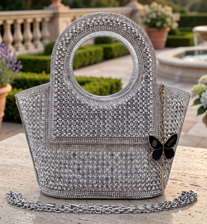 Slingss Luxury Range Exclusive Diamond Studded Partywear Basket Shaped handbag For Ladies With Long Chain