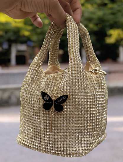 Slingss Luxury Range Exclusive Diamond Studded Partywear Basket Shaped handbag For Ladies With Long Chain