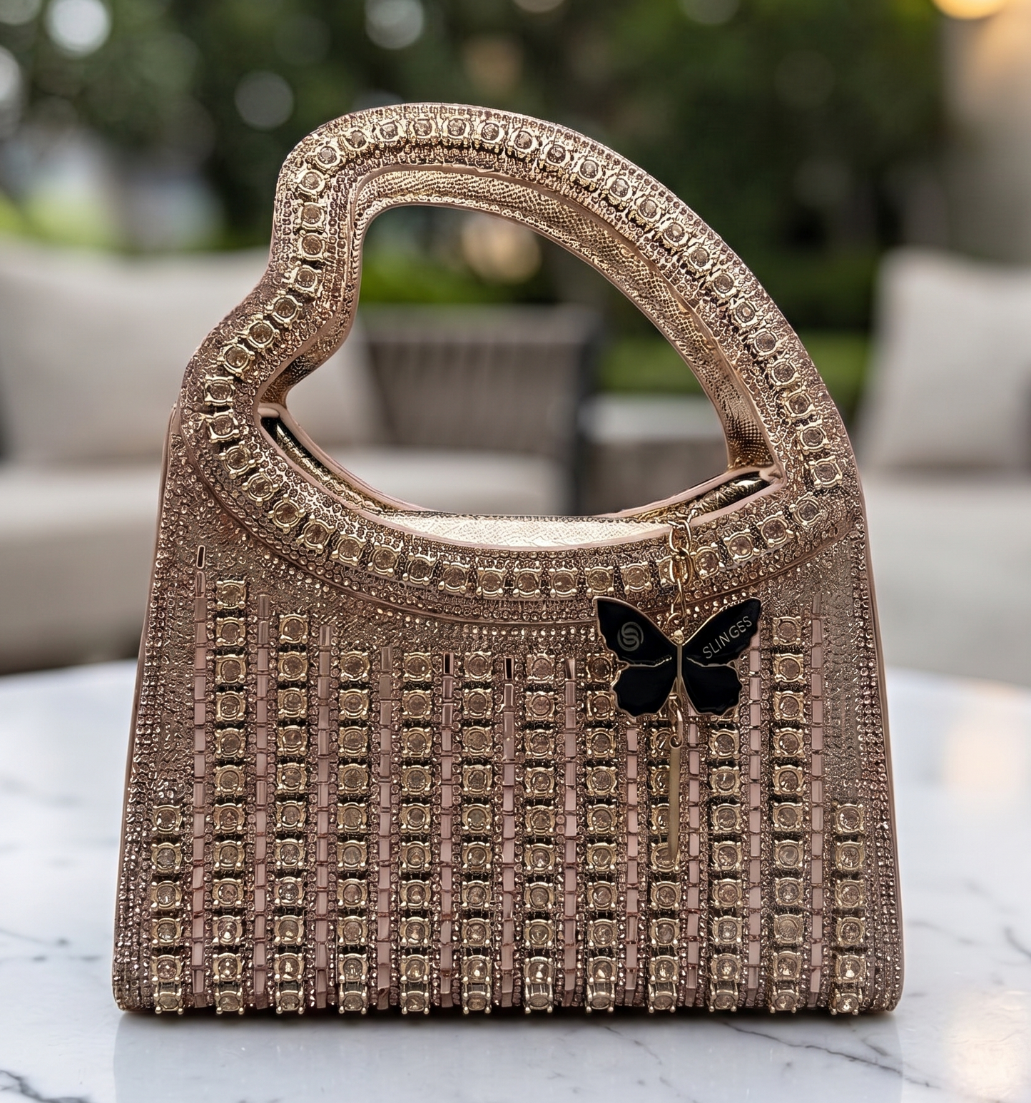 Slingss Luxury Range Heart Shape Handle Partywear Handbag For Ladies With Long Chain