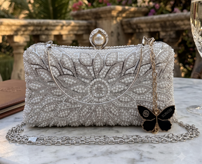 Slingss Exclusive Premium Partywear Pearl Embroidered Clutch For Ladies With Handle & Long Chain
