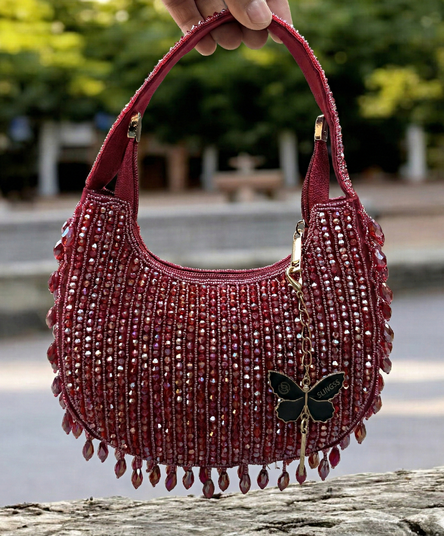 Slingss Luxury Range Half Moon Crystal Jhallar Embroidered Partywear Purse For Ladies With Handle