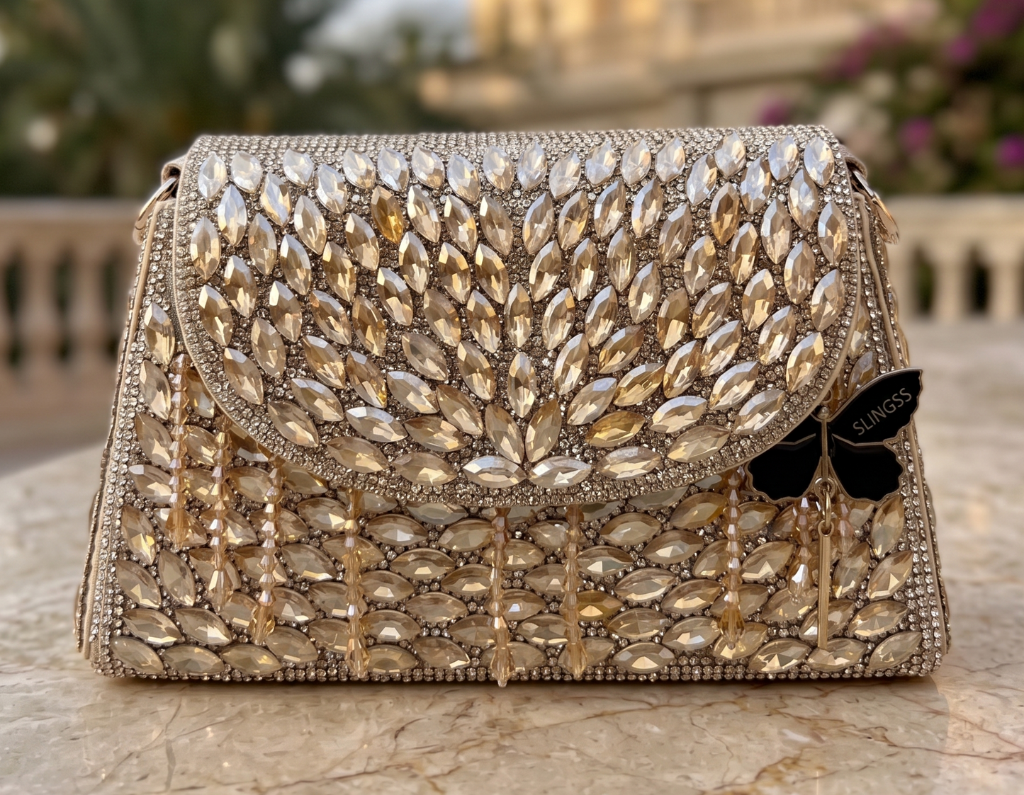 Slingss Luxury Range Exclusive Diamond Embroidered Partywear Handbag For Ladies With Handle & Long Chain