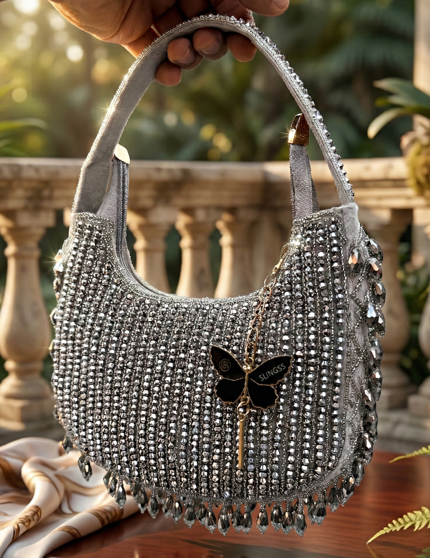 Slingss Luxury Range Half Moon Crystal Jhallar Embroidered Partywear Purse For Ladies With Handle