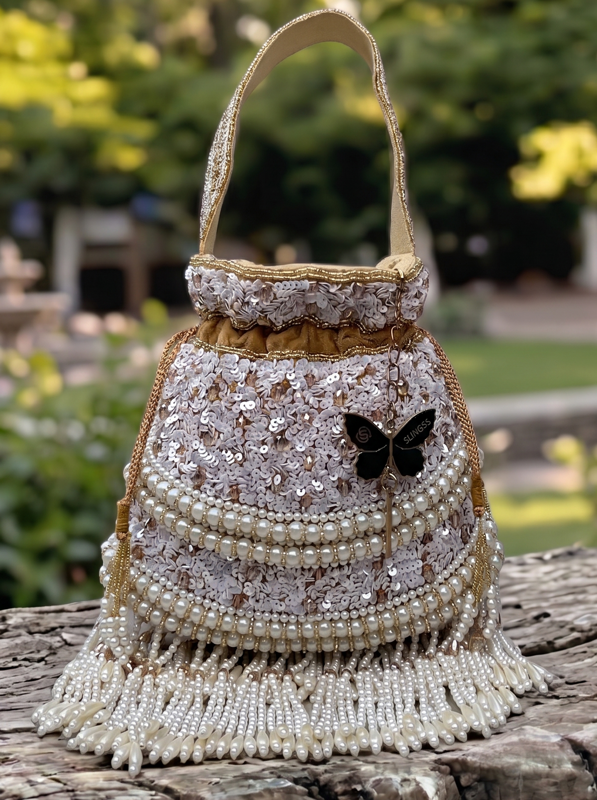 Slingss Exclusive Luxury Range Pearl Embroidered Partywear Potli For Ladies With Handle