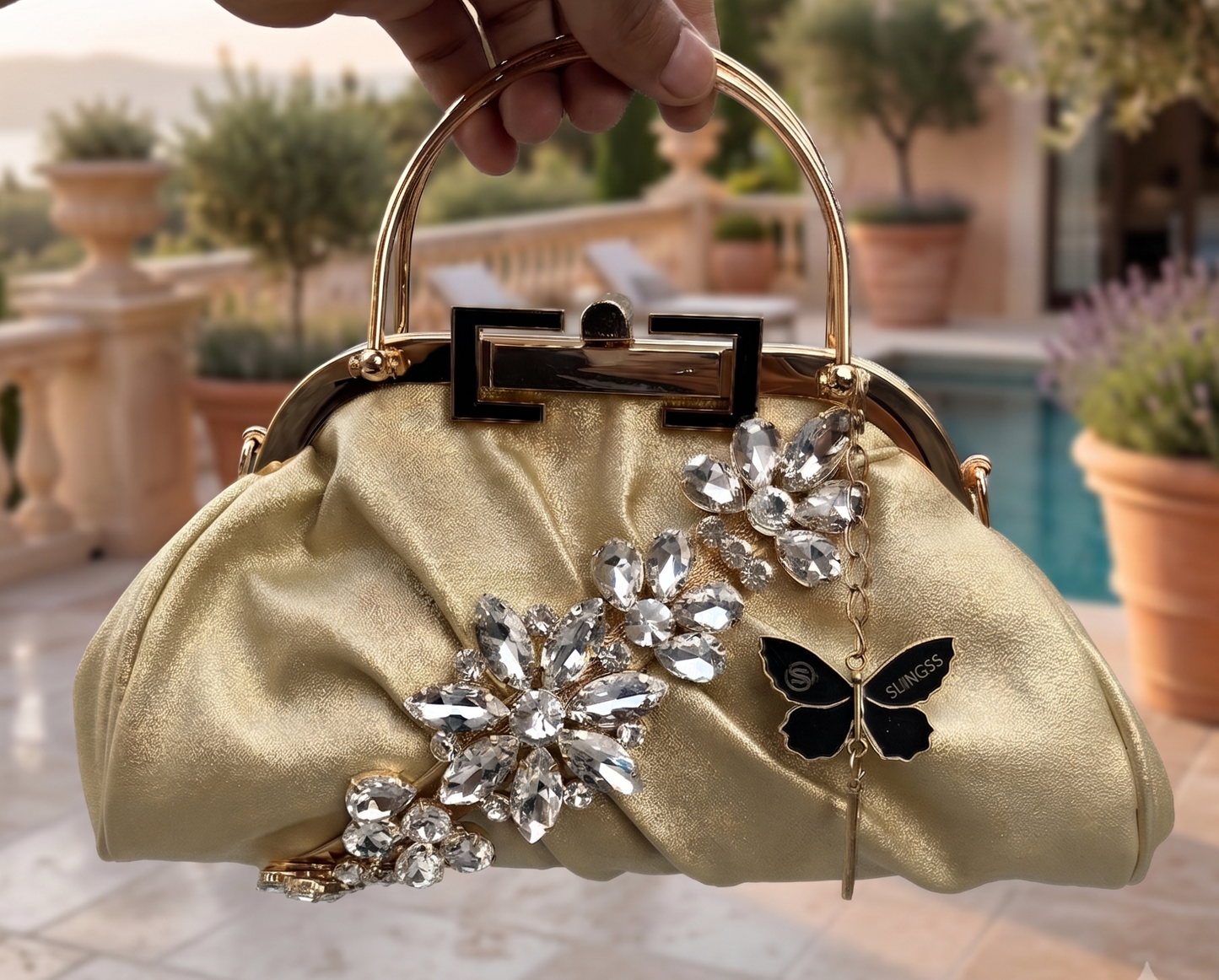 Slingss Luxury Range Diamond Embroidered Partywear handbag With Handle & Long Chain