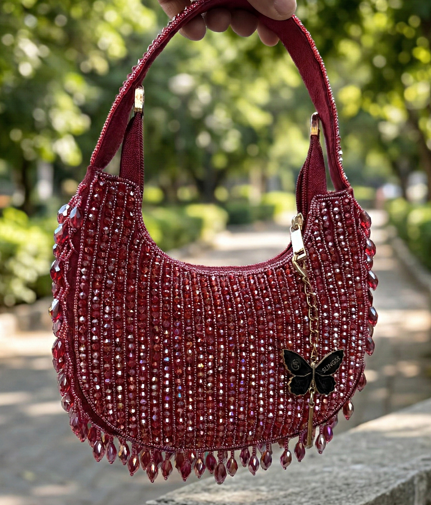 Slingss Luxury Range Half Moon Crystal Jhallar Embroidered Partywear Purse For Ladies With Handle