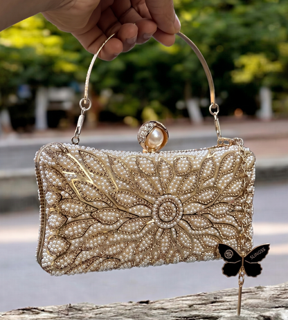 Slingss Exclusive Premium Partywear Pearl Embroidered Clutch For Ladies With Handle & Long Chain