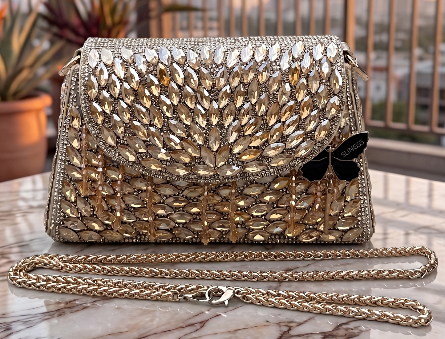 Slingss Luxury Range Exclusive Diamond Embroidered Partywear Handbag For Ladies With Handle & Long Chain