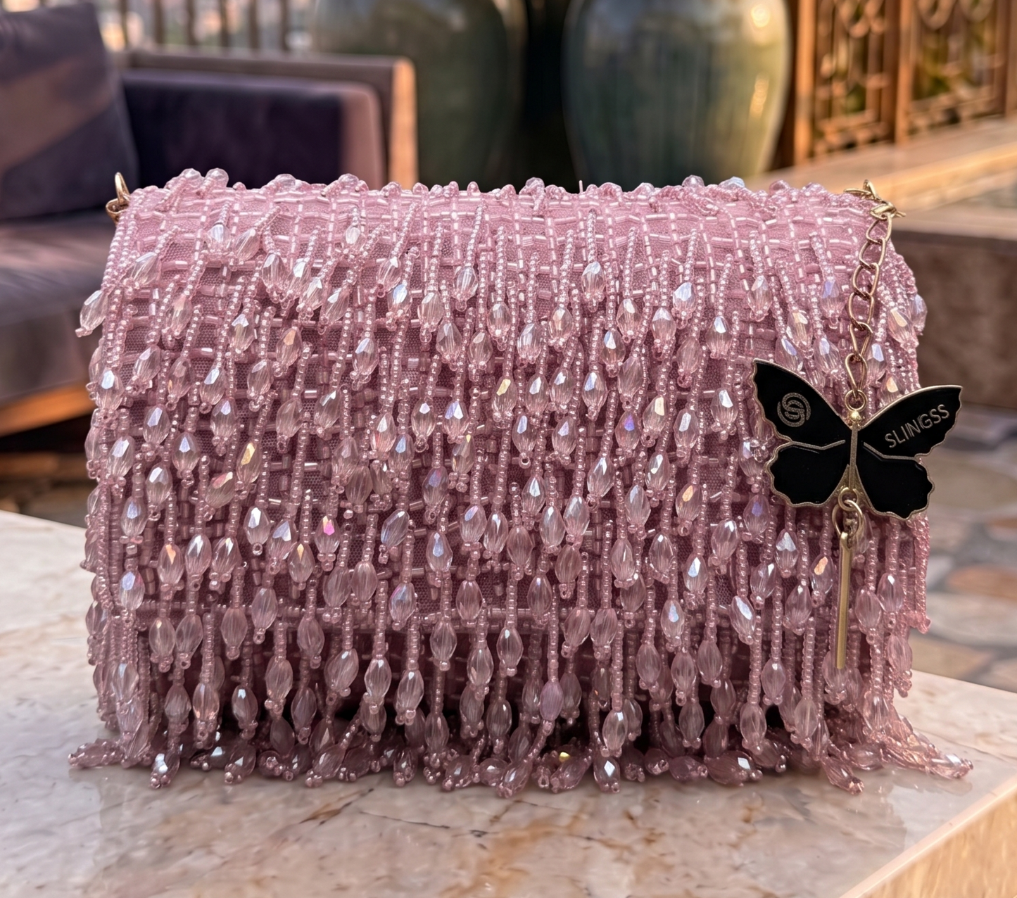 Slingss Luxury Range Crystal Full Jhallar Embroidered Partywear Purse For Ladies With Handle