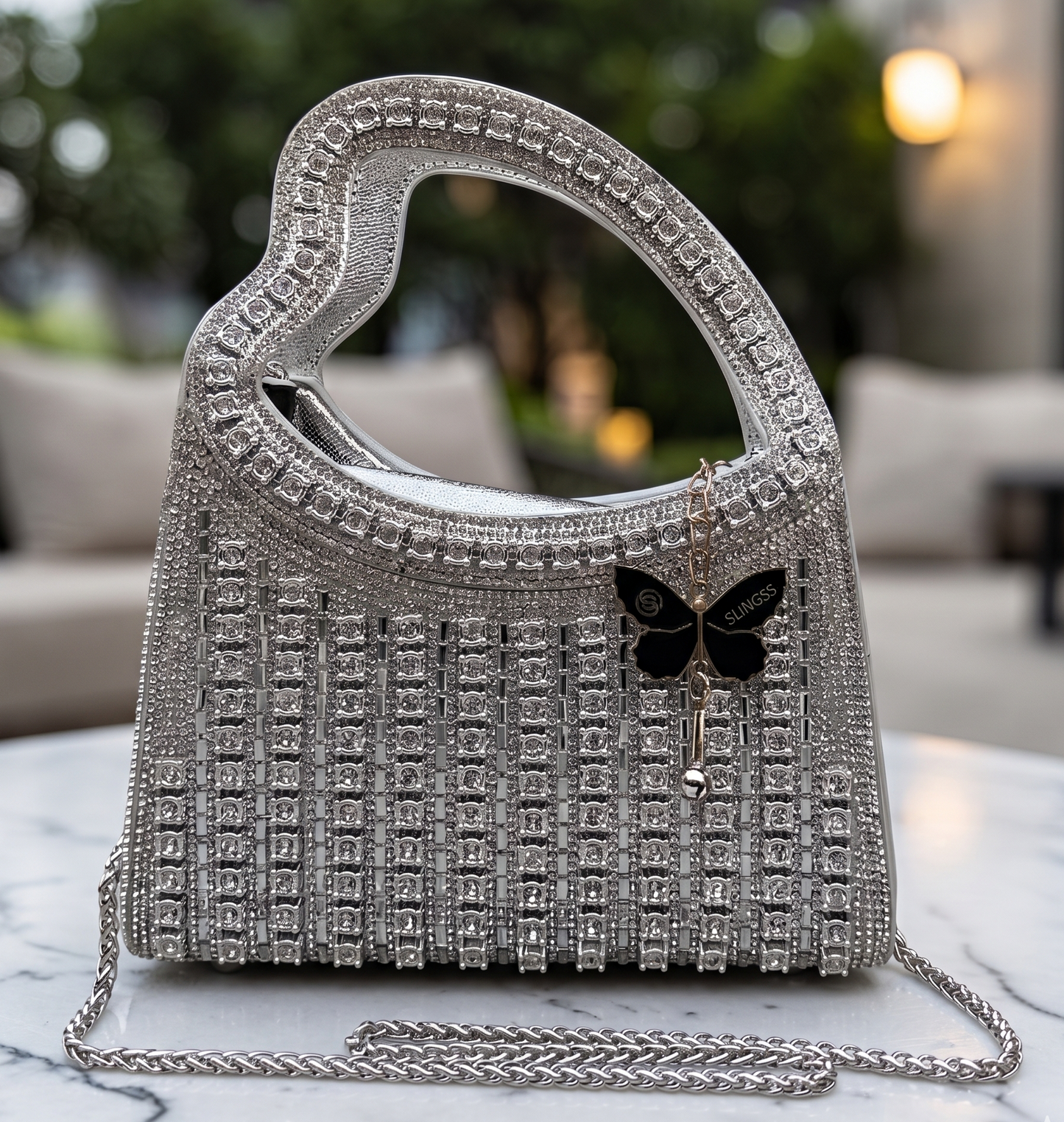 Slingss Luxury Range Heart Shape Handle Partywear Handbag For Ladies With Long Chain