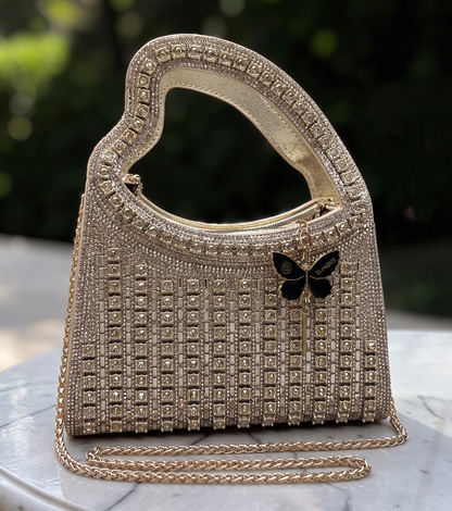 Slingss Luxury Range Heart Shape Handle Partywear Handbag For Ladies With Long Chain