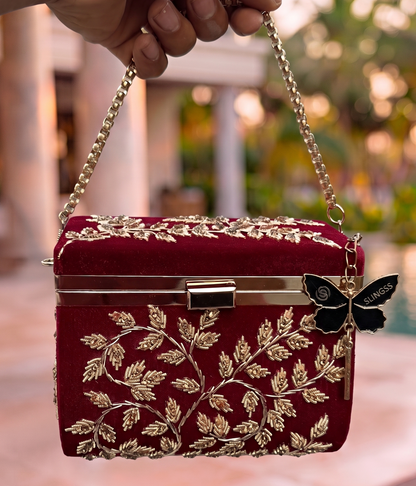 Slingss Luxury Range Boxy Embroidered Partywear Handbag For Ladies With Chain Handle And Belt
