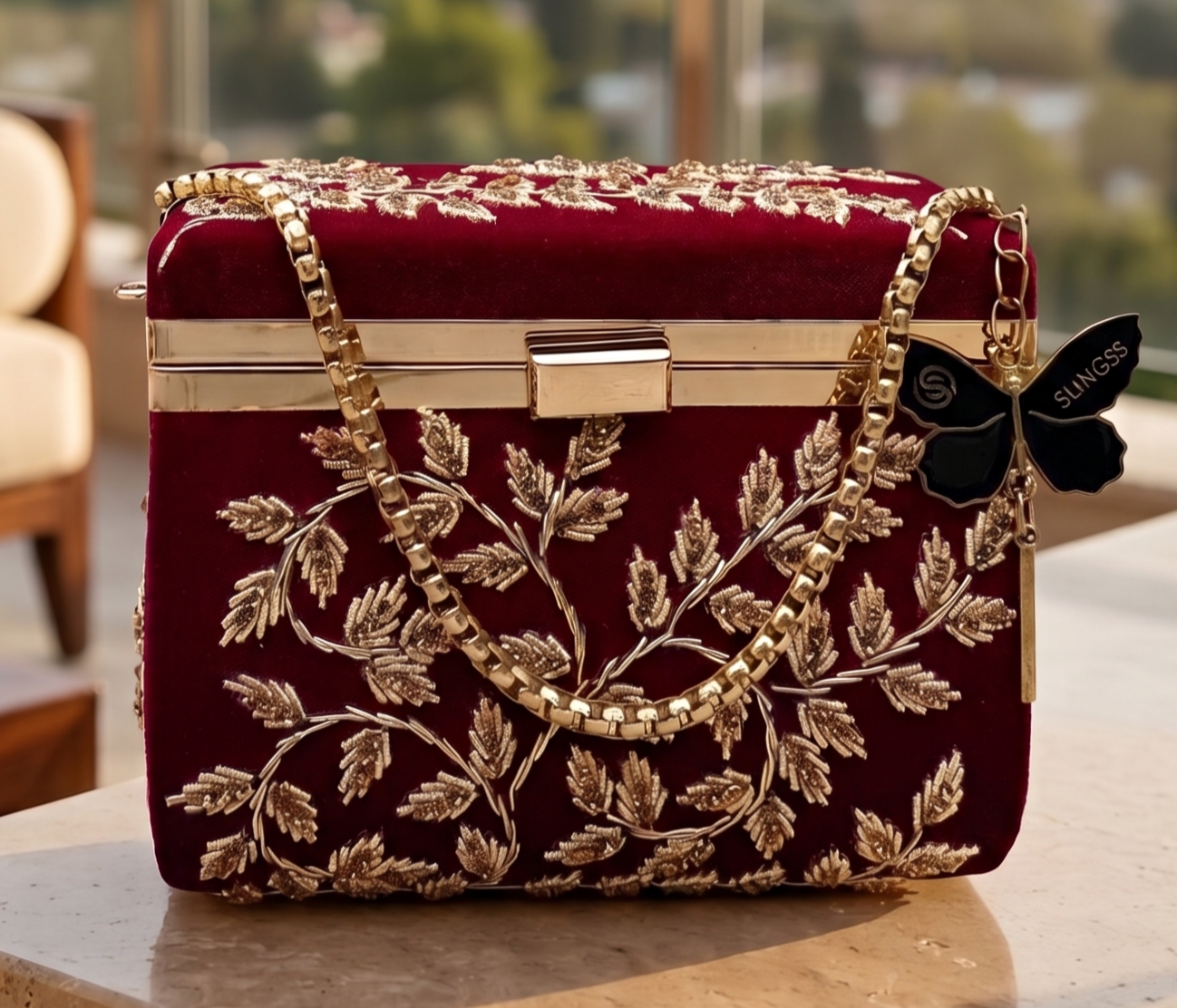 Slingss Luxury Range Boxy Embroidered Partywear Handbag For Ladies With Chain Handle And Belt