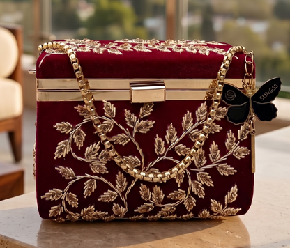 Slingss Luxury Range Boxy Embroidered Partywear Handbag For Ladies With Chain Handle And Belt