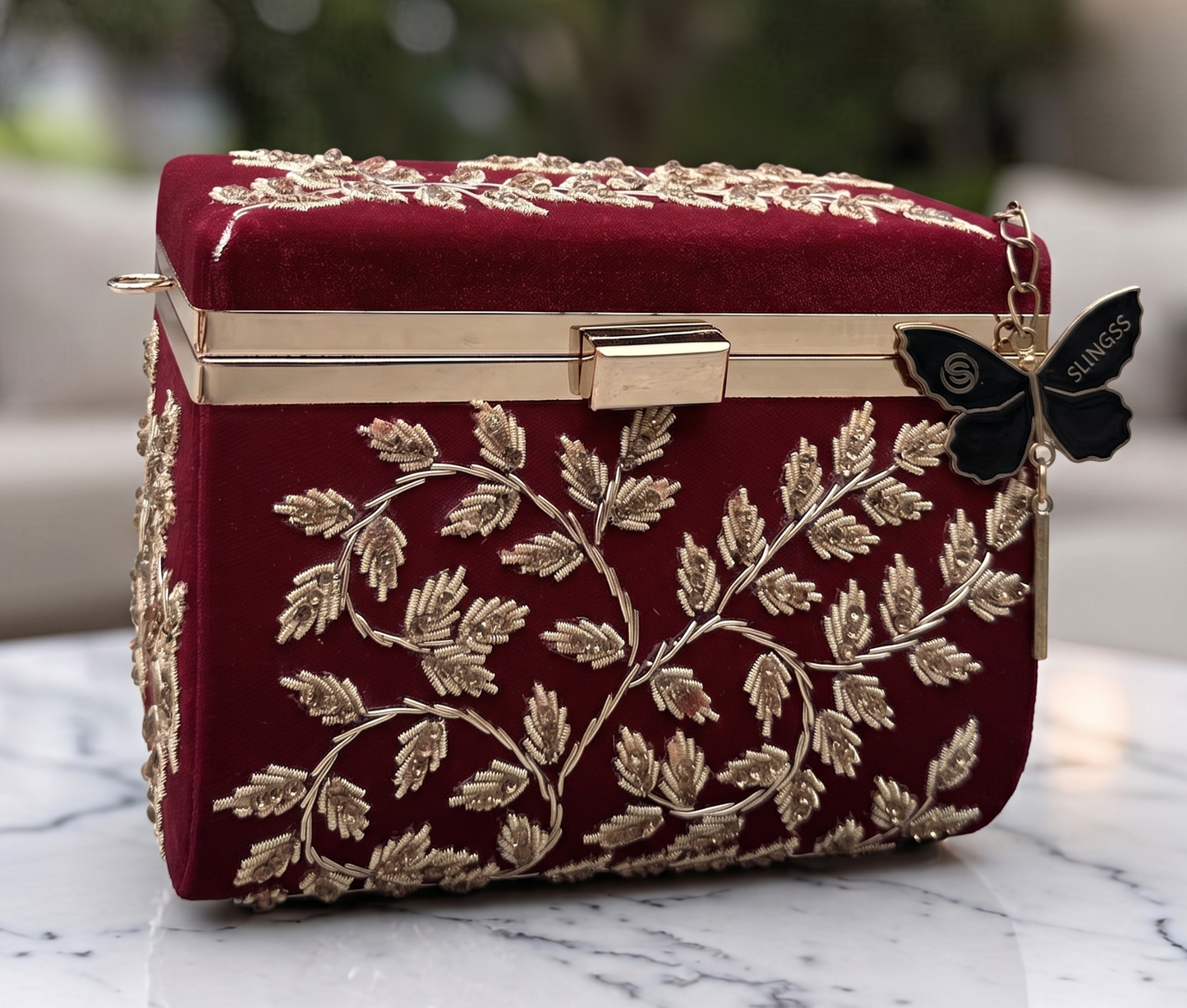 Slingss Luxury Range Boxy Embroidered Partywear Handbag For Ladies With Chain Handle And Belt
