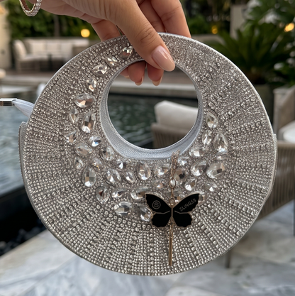Slingss Luxury Range Full Moon Diamond Embroidered Partywear Handbag For Ladies With Handle & Long Chain