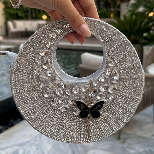 Slingss Luxury Range Full Moon Diamond Embroidered Partywear Handbag For Ladies With Handle & Long Chain