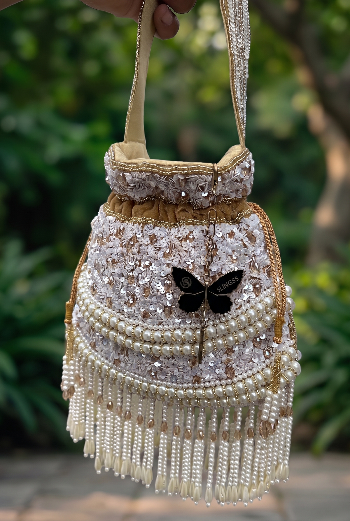 Slingss Exclusive Luxury Range Pearl Embroidered Partywear Potli For Ladies With Handle