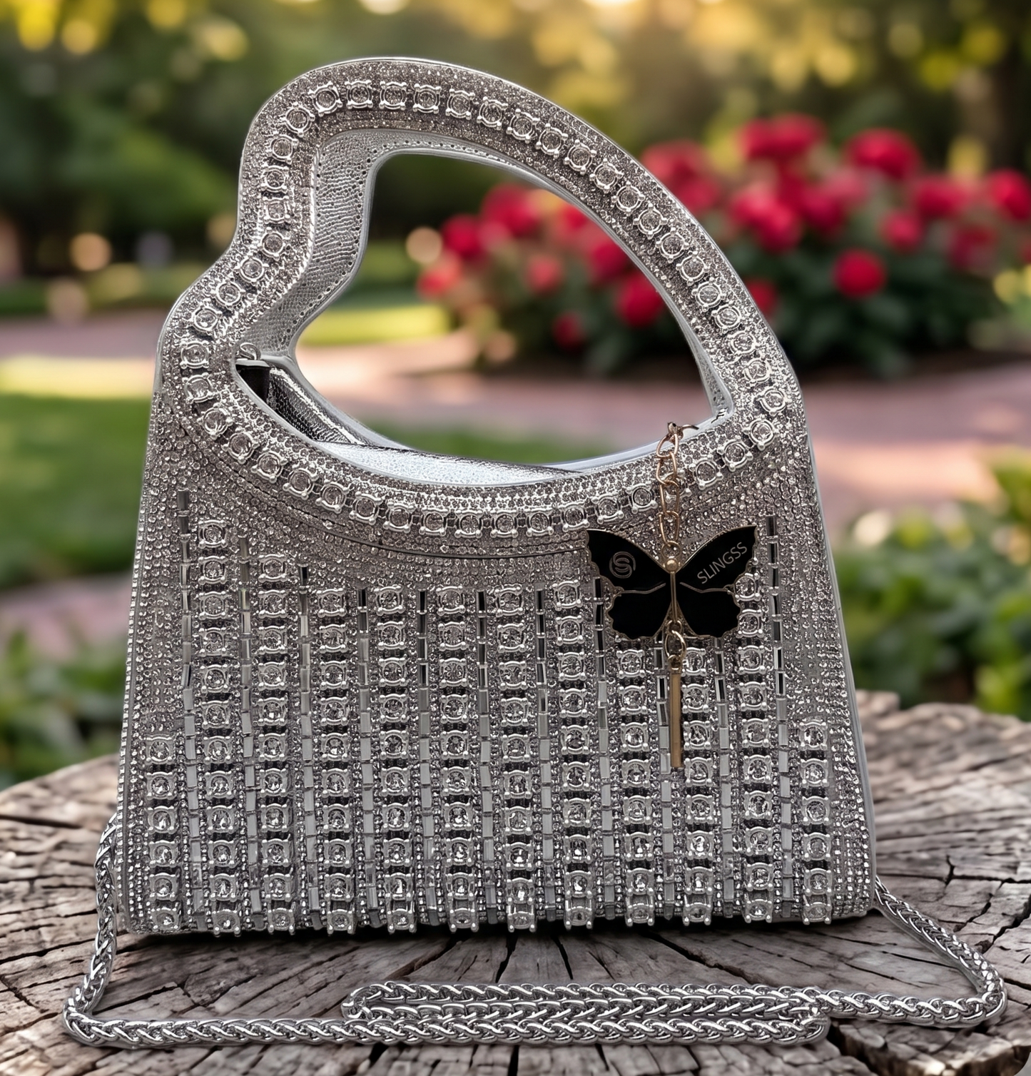 Slingss Luxury Range Heart Shape Handle Partywear Handbag For Ladies With Long Chain