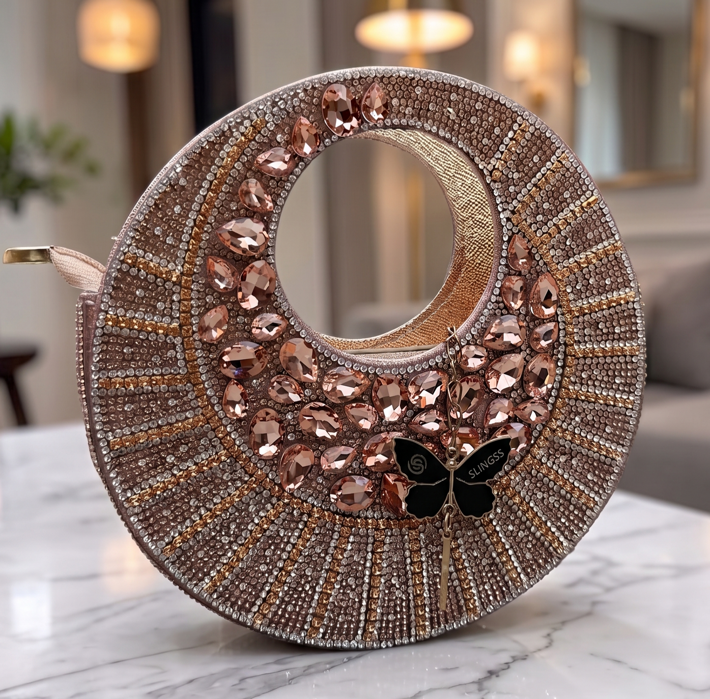 Slingss Luxury Range Full Moon Diamond Embroidered Partywear Handbag For Ladies With Handle & Long Chain