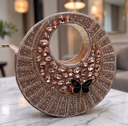 Slingss Luxury Range Full Moon Diamond Embroidered Partywear Handbag For Ladies With Handle & Long Chain