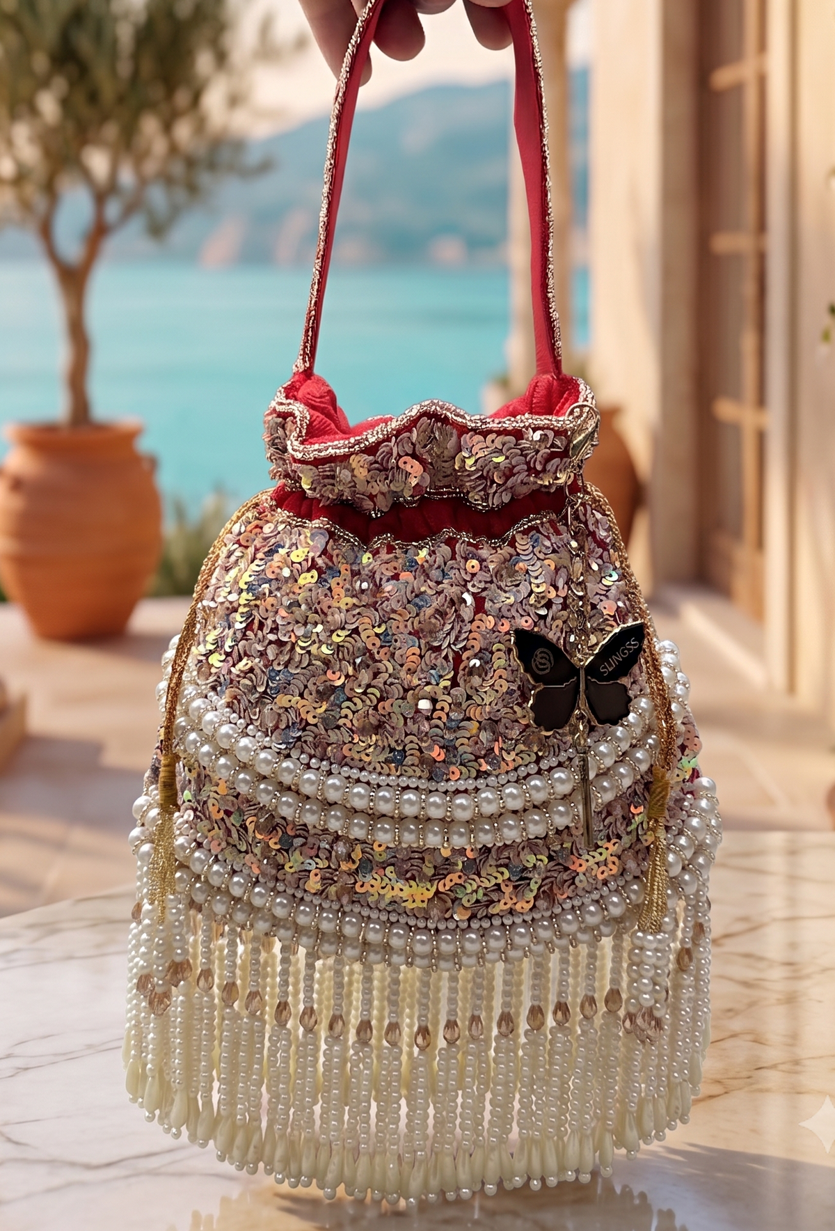 Slingss Exclusive Luxury Range Pearl Embroidered Partywear Potli For Ladies With Handle