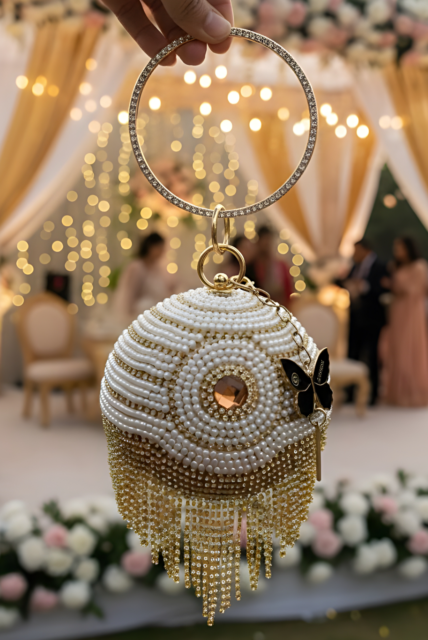 Slingss Exclusive Premium Ball Shaped Partywear Embroidered Clutch For Ladies With Handle & Long Chain