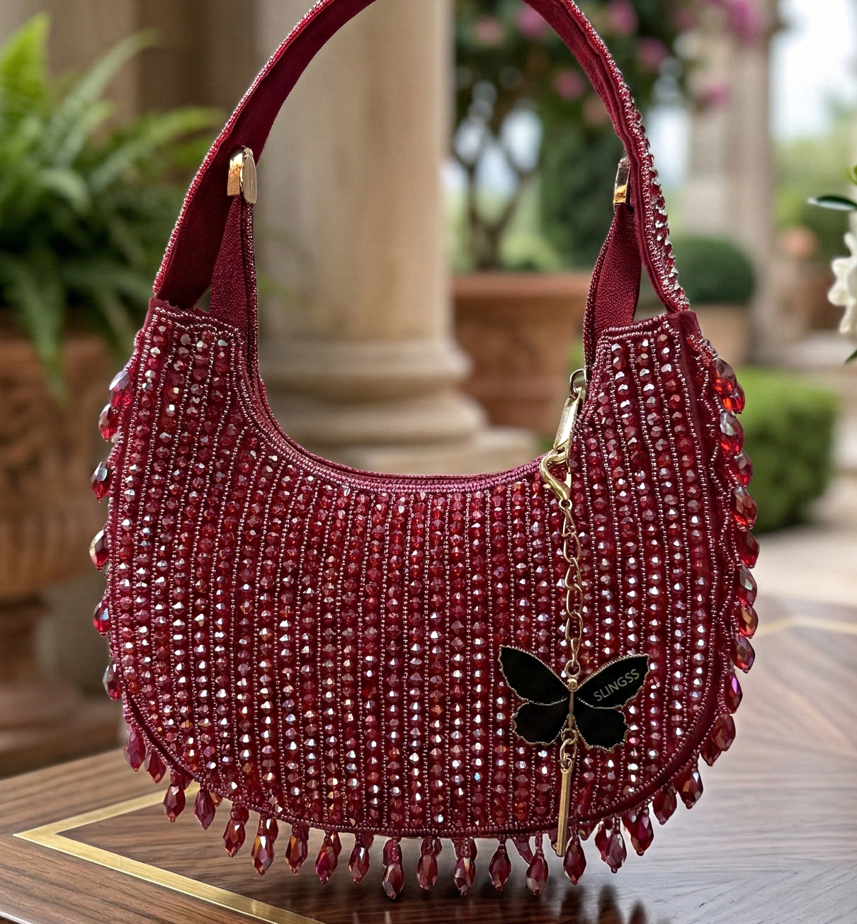 Slingss Luxury Range Half Moon Crystal Jhallar Embroidered Partywear Purse For Ladies With Handle
