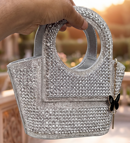 Slingss Luxury Range Exclusive Diamond Studded Partywear Basket Shaped handbag For Ladies With Long Chain